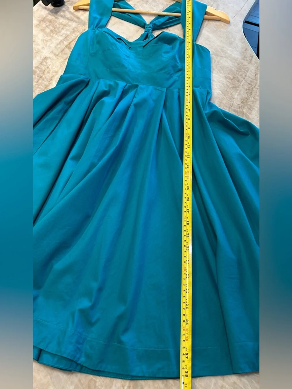 French Connection Teal Rockabilly Fit & Flare Dress Sz 8 Halter Pleated Bodice - Picture 6 of 7